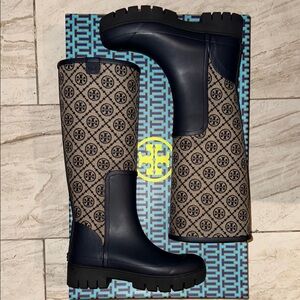Tory Burch Navy and Tan T Monogram Hurricane Tall Rain Boots
